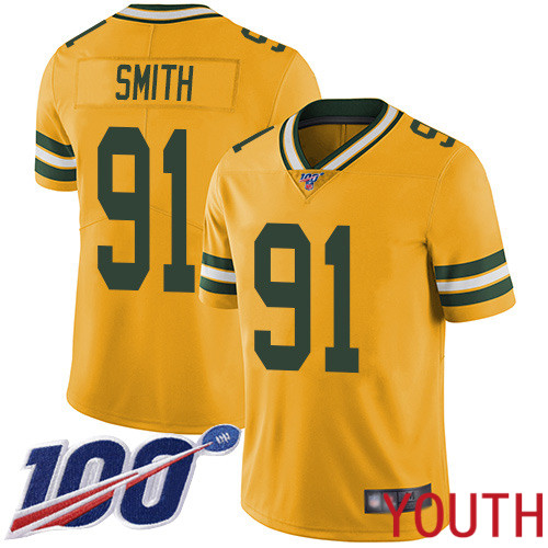 Green Bay Packers Limited Gold Youth 91 Smith Preston Jersey Nike NFL 100th Season Rush Vapor Untouchable